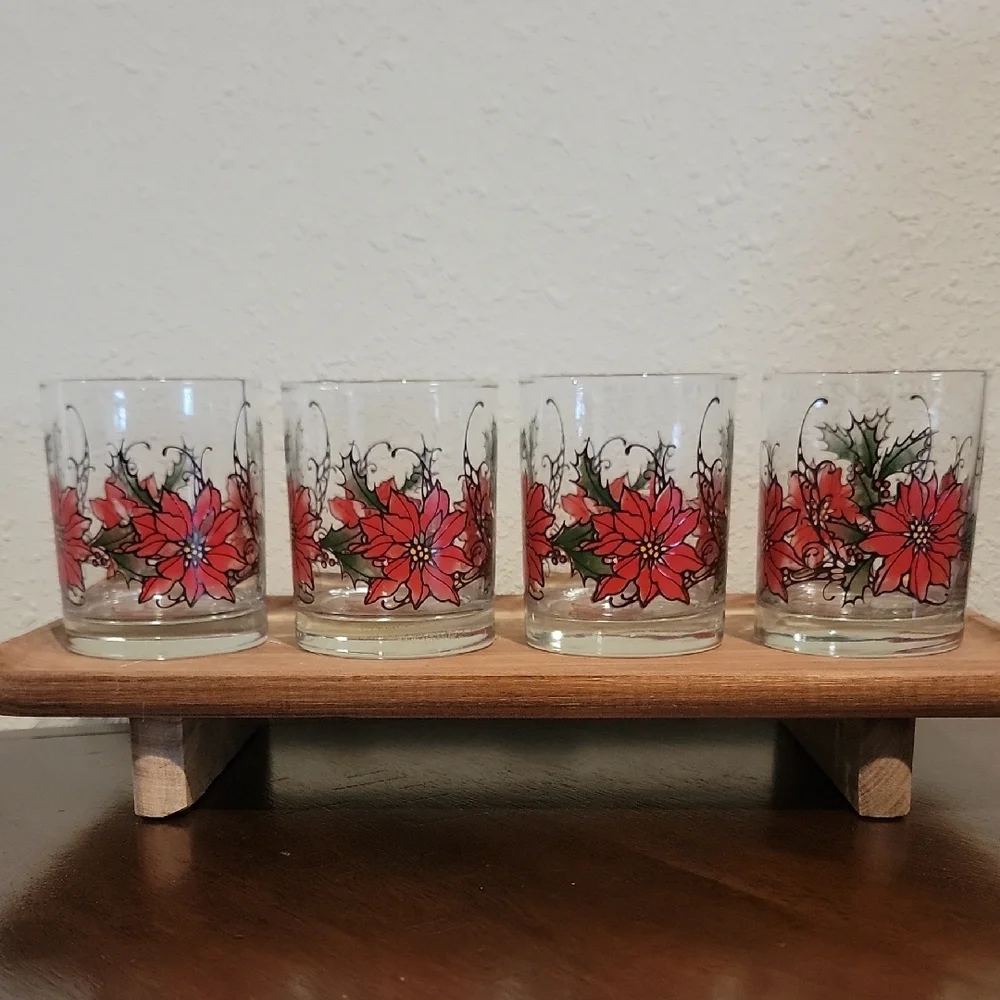 Vintage Libbey Poinsettia Red And Green Lowball Glasses Set Of 4